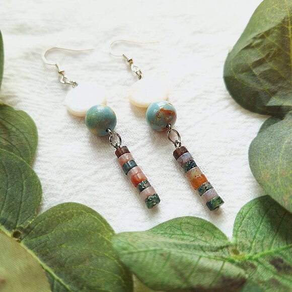 Mother of Pearl & Jasper Earrings – Coastal Boho Dangle Earrings, Handmade - Picture 4 of 10